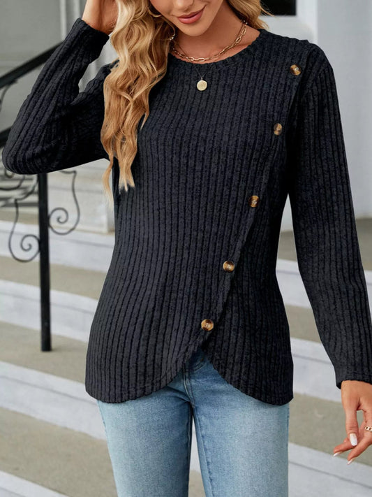 Alayna - Elegant Ribbed Buttoned Sweatshirt
