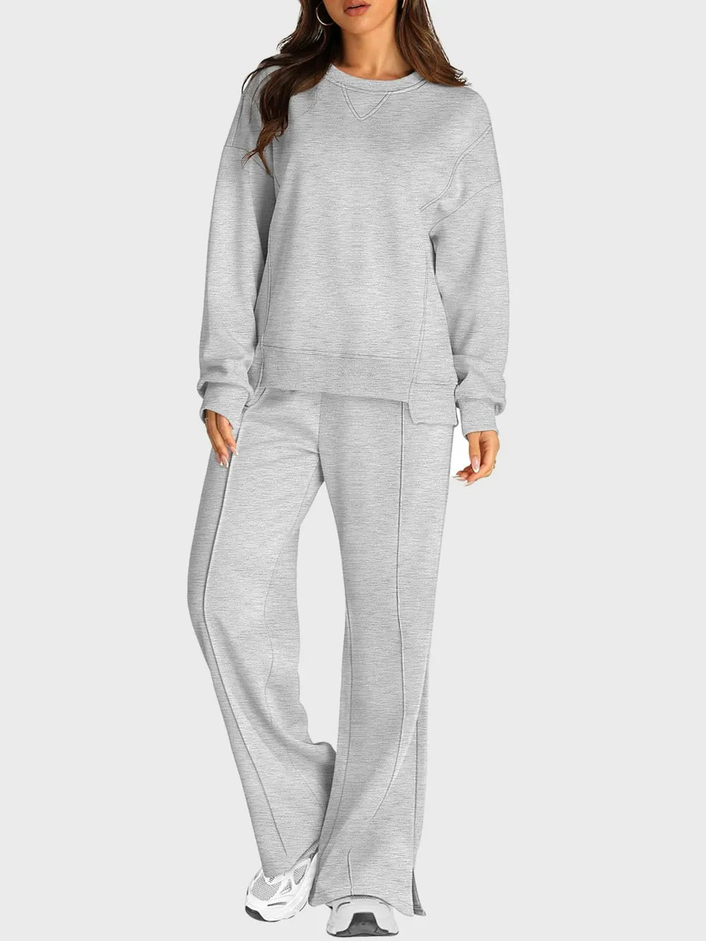 Azaria - Casual loose round neck long sleeve sweater and slit pants set