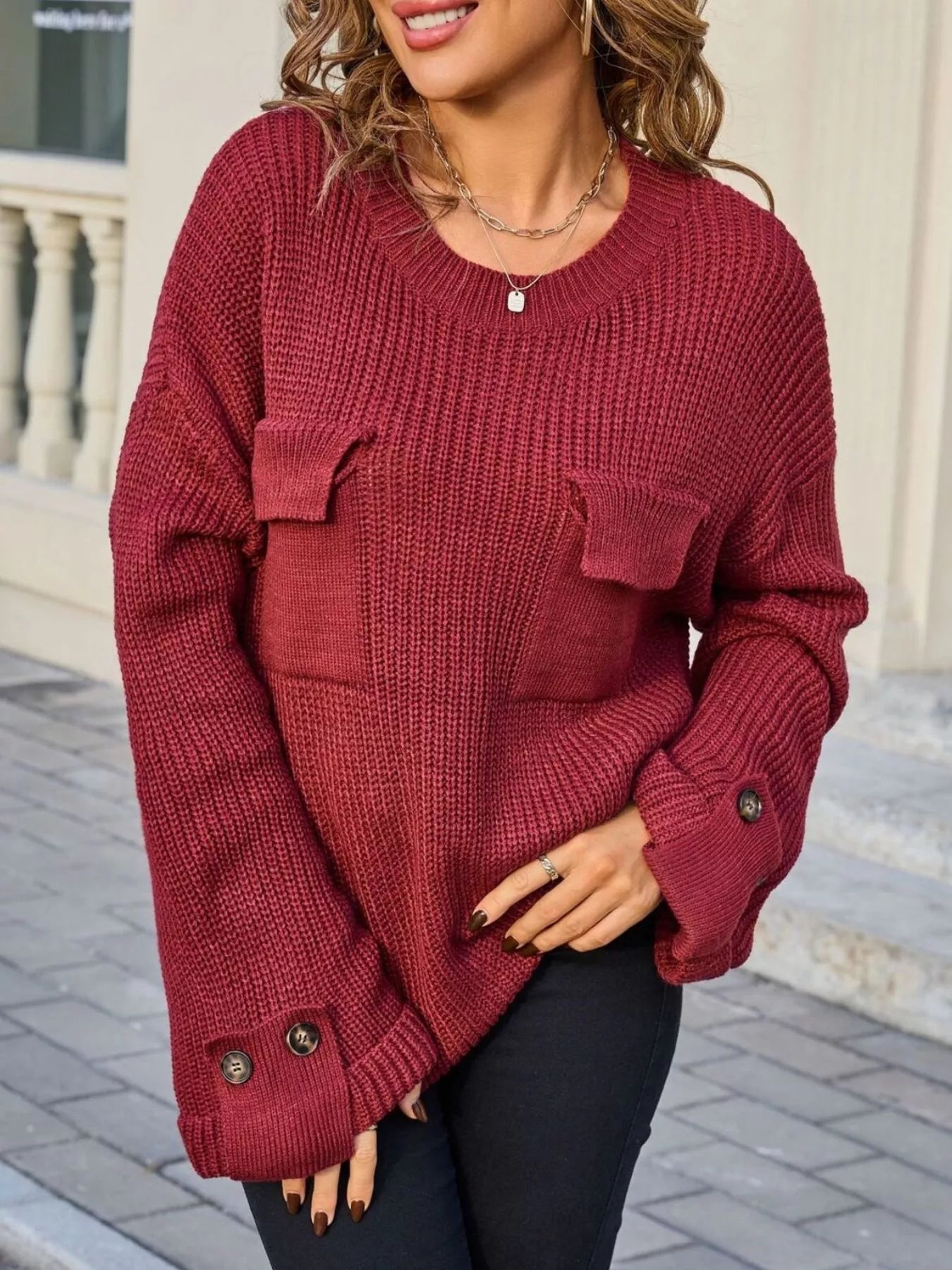 Jozie - Loose stylish round neck sweater with pockets