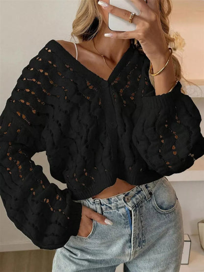 Devina - Stylish hollow out button-up cropped V-neck cardigan