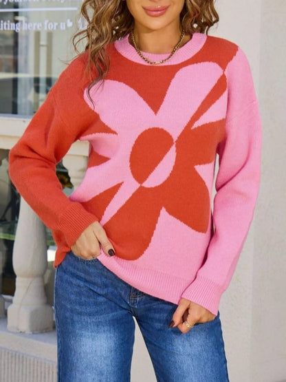 Treena - Chic floral pattern color block sweater