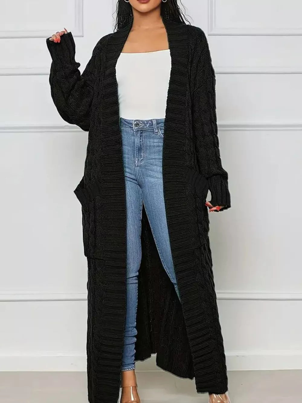 Zasha - Casual loose cable knit longline sweater cardigan with pockets