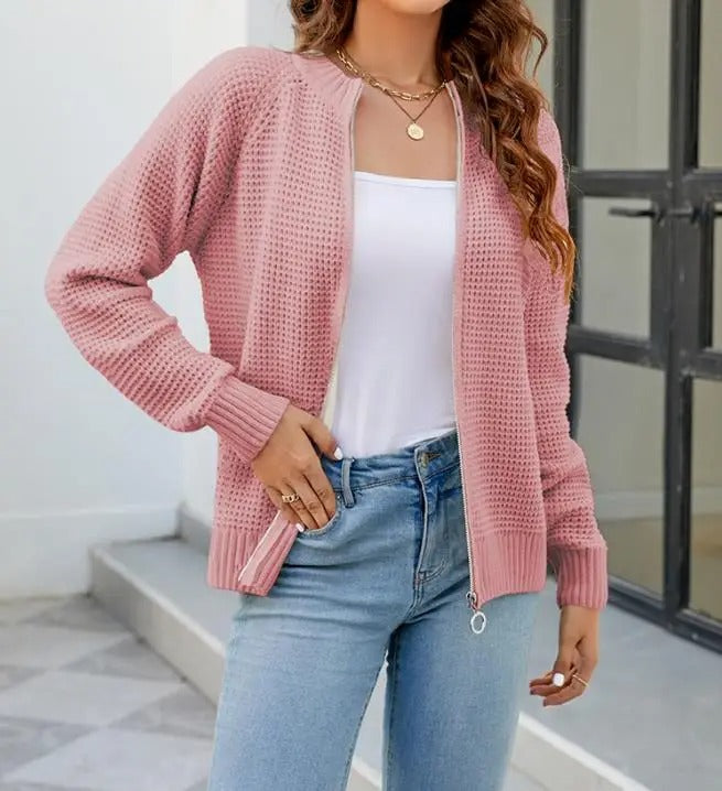Odette - Stylish waffle knitted zip-up cardigan