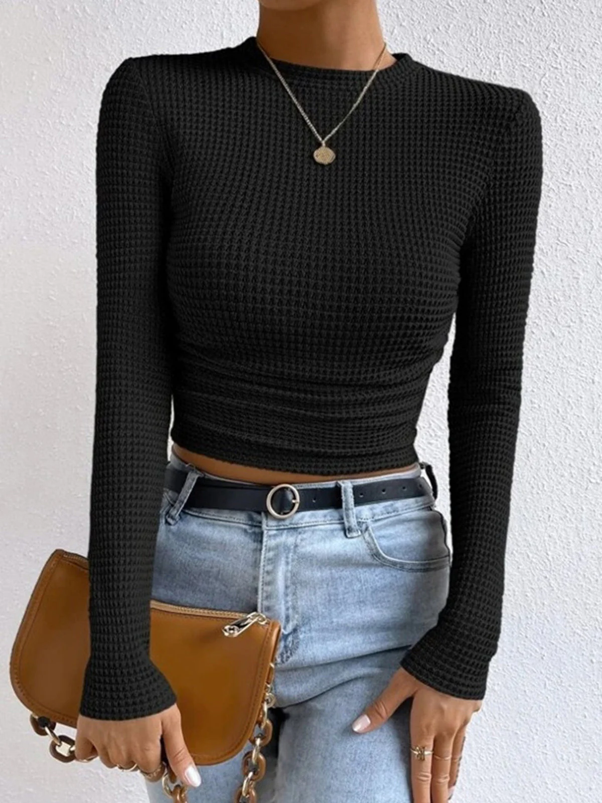Sabrina - Casual Cropped Waffle-Knit Slim-Fit Sweatshirt