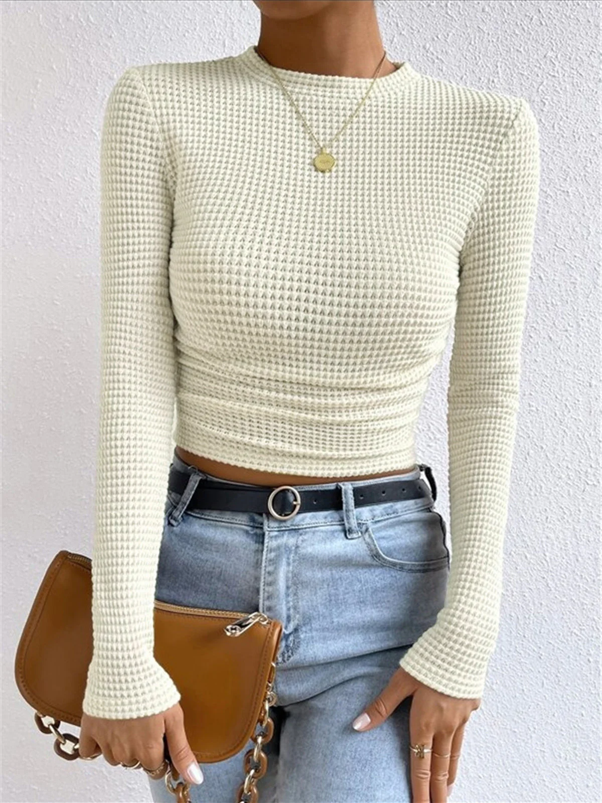 Sabrina - Casual Cropped Waffle-Knit Slim-Fit Sweatshirt