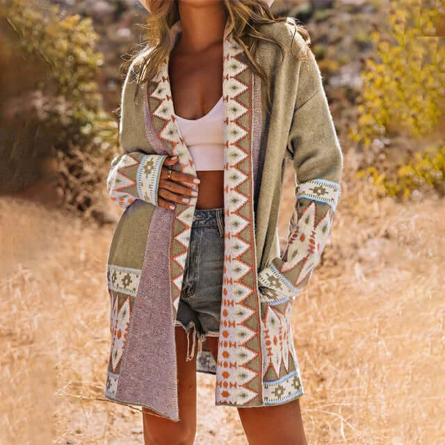 Rica - Elegant Long Knitted Cardigan with Geometric Print