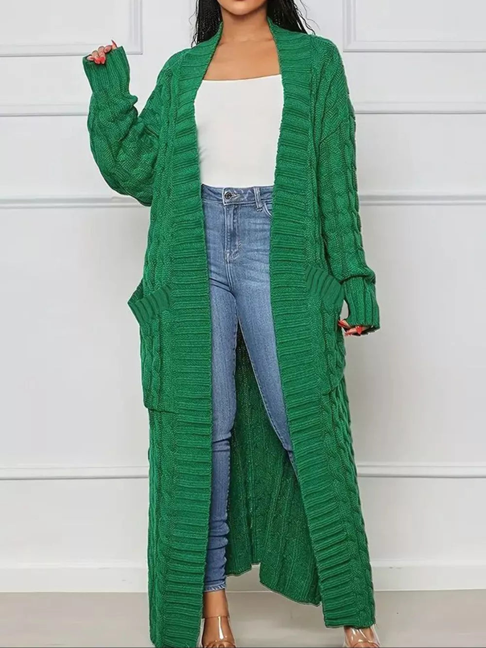 Zasha - Casual loose cable knit longline sweater cardigan with pockets