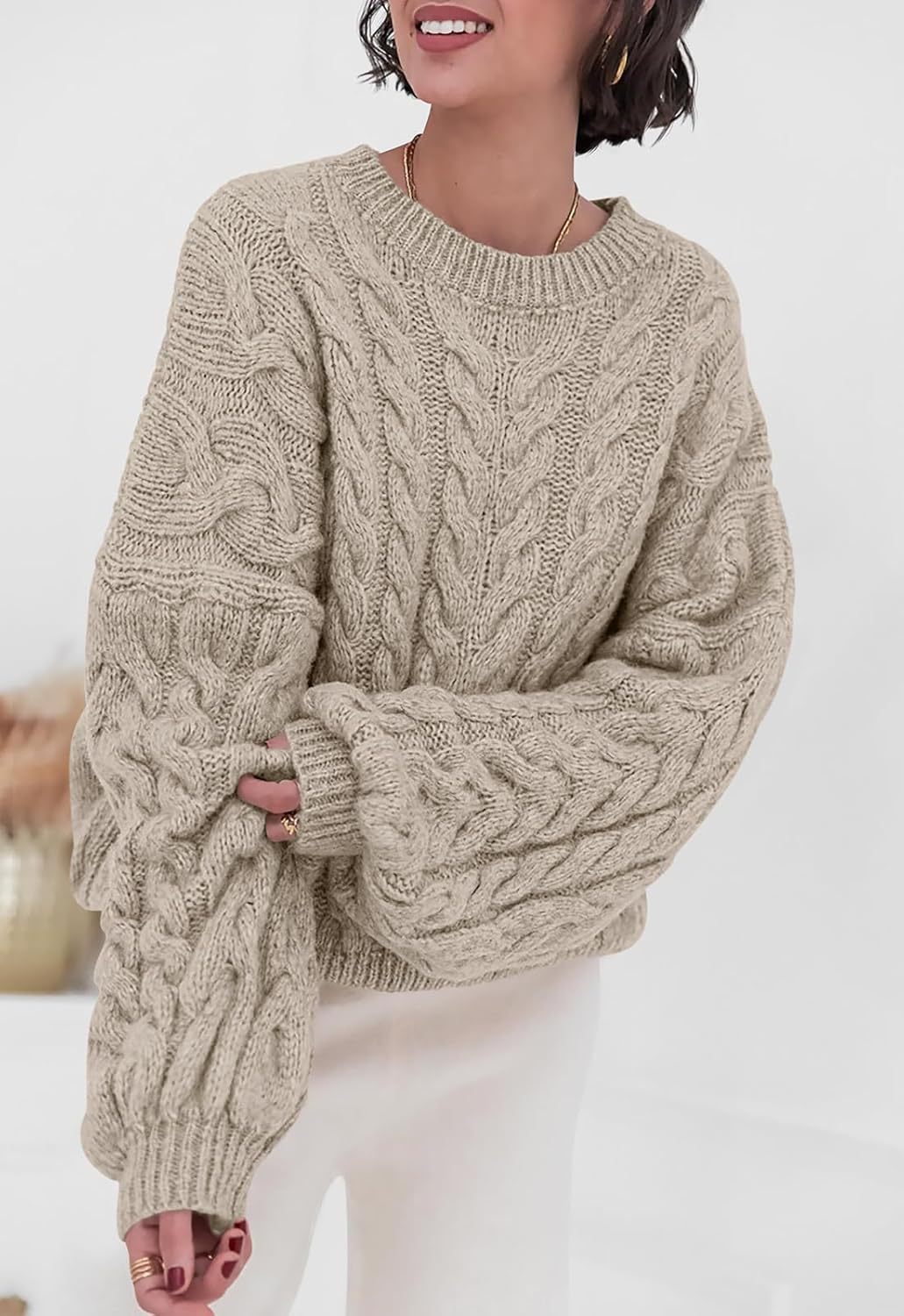 Hara - Chic Loose cable knitted round neck sweater