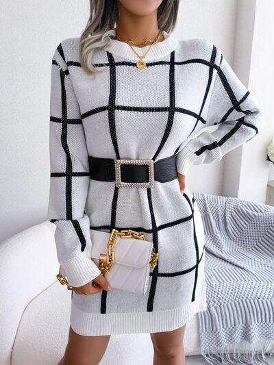 Liliah - Stylish plaid warm sweater mini dress