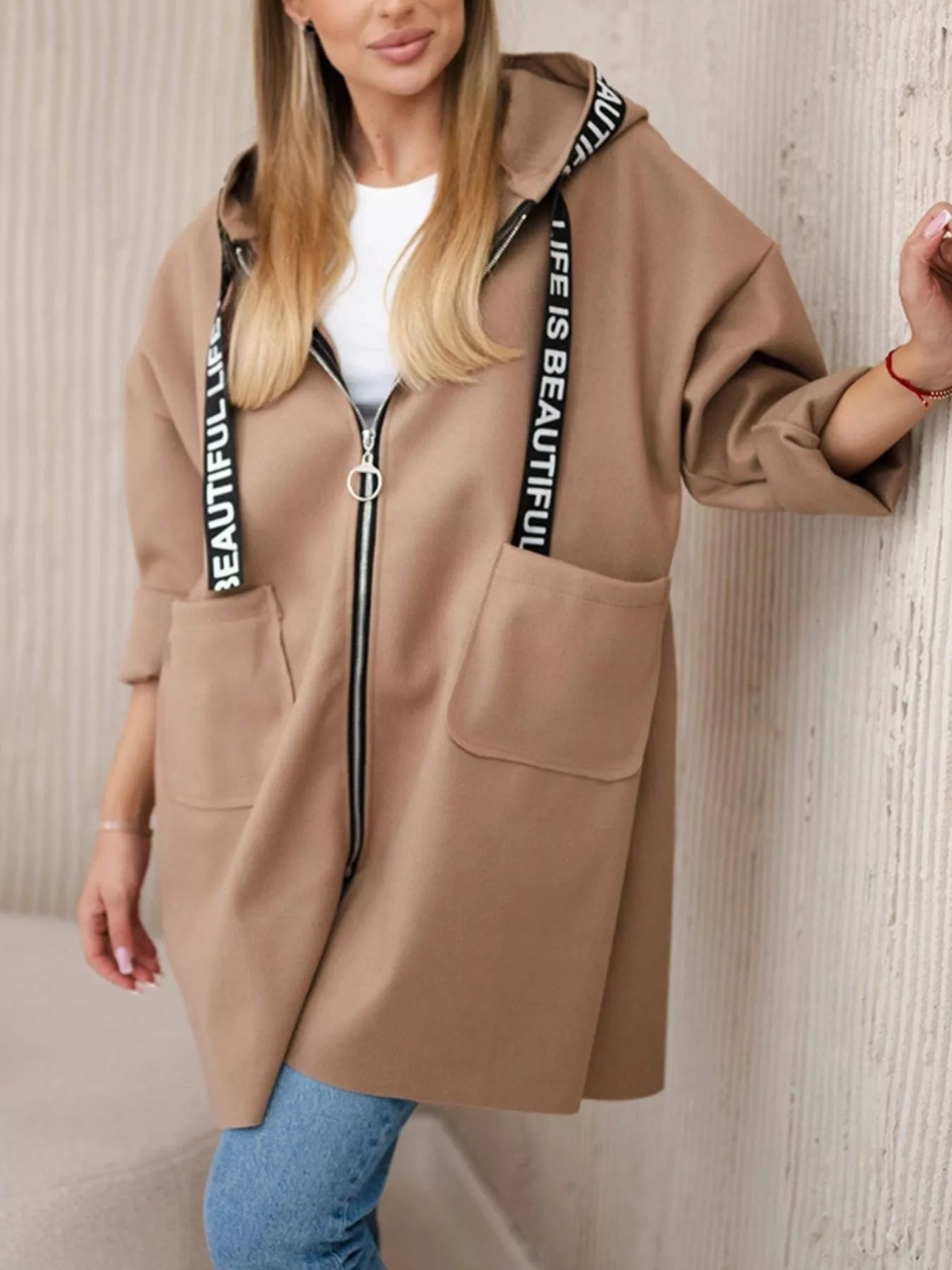 Haisley - Stylish loose hooded zip-up long jacket