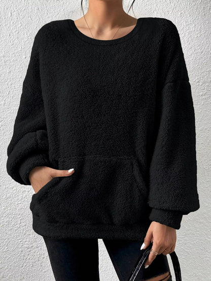 Jiana - Cozy fleece round neck dropped shoulder warm sweater