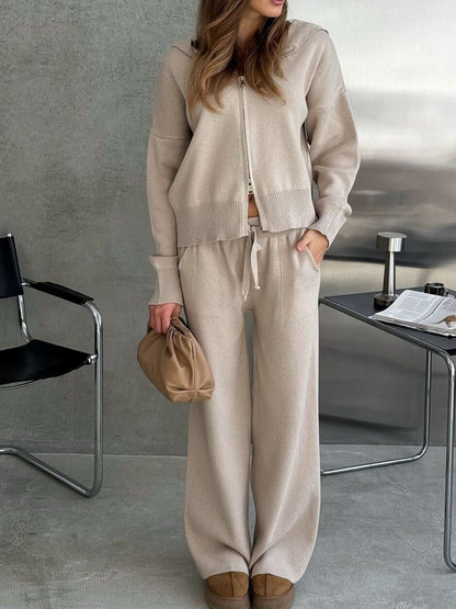 Audrey - Zip-up knitted cardigan and drawstring wide leg pants set