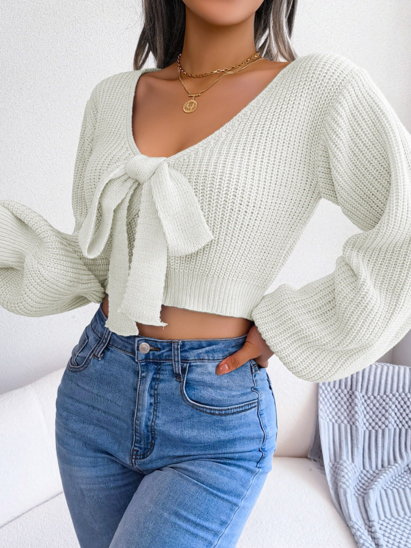 Glenda - Stylish knitted tie-front cropped sweater