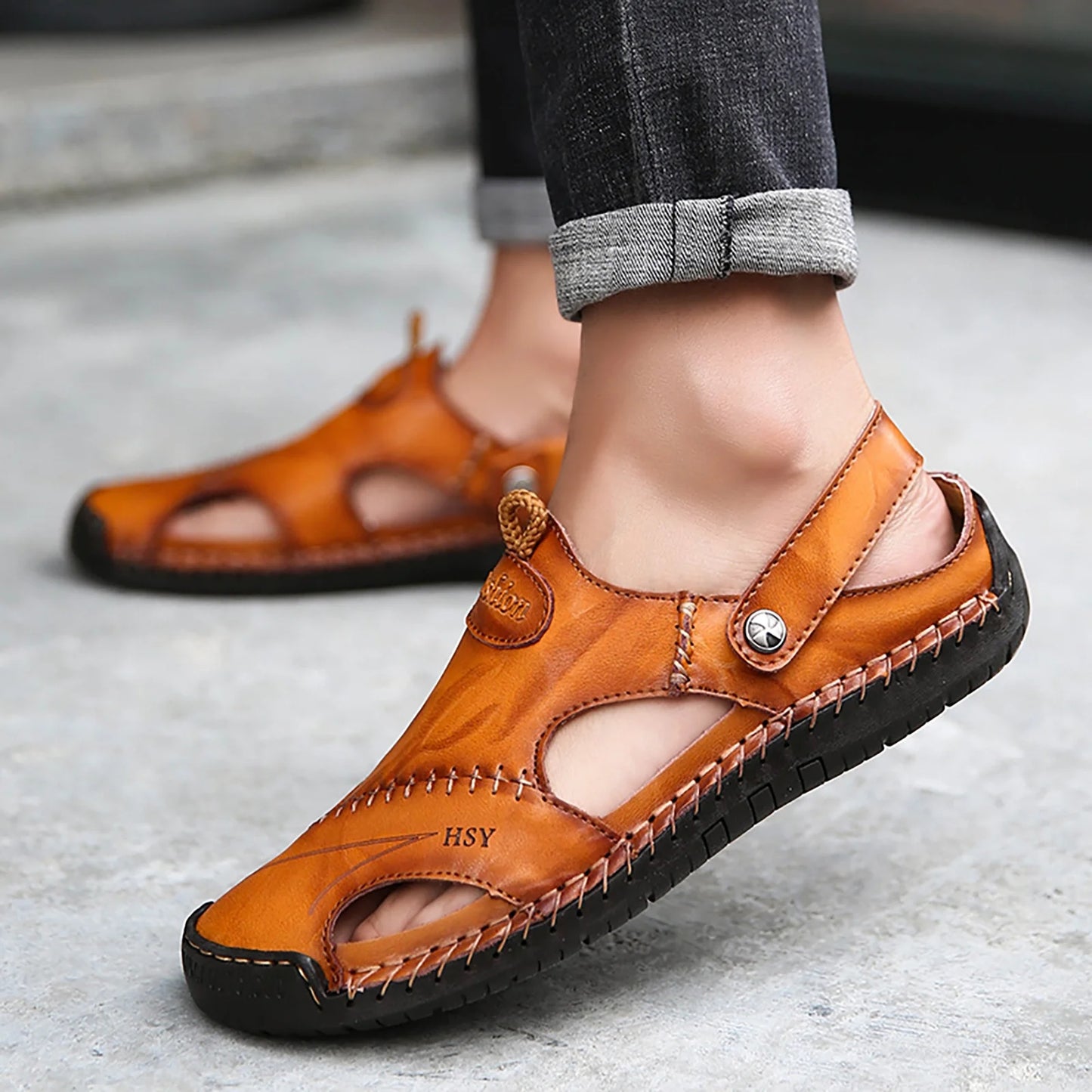 Men’s Summer Leather Sandals | Open-Toe, Hand-Stitched