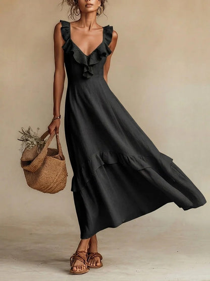 Monnica - Elegant ruffled front V-neck flowy dress
