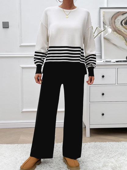 Jessamin - Cozy striped round neck sweater and pant set