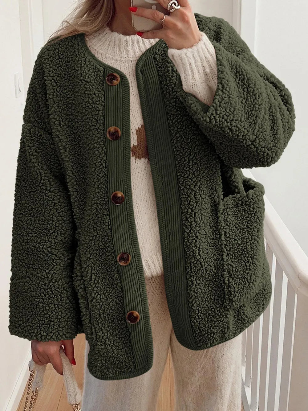 Yasley - Cozy contrast button-up sherpa jacket with pockets