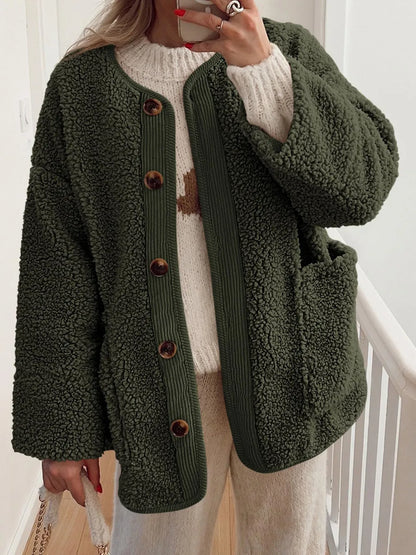 Yasley - Cozy contrast button-up sherpa jacket with pockets