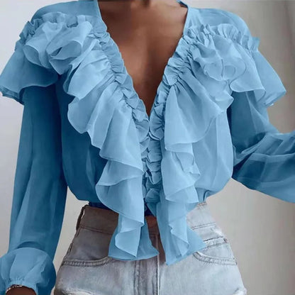 Nychelle - Elegant long-sleeve ruffle blouse with deep V-neck