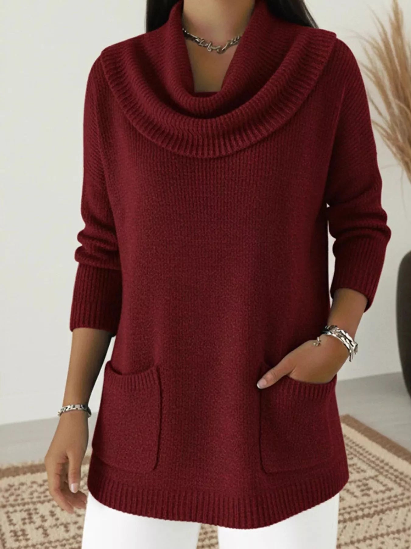 Violeta - Elegant cowl neck long sleeve sweater with pockets