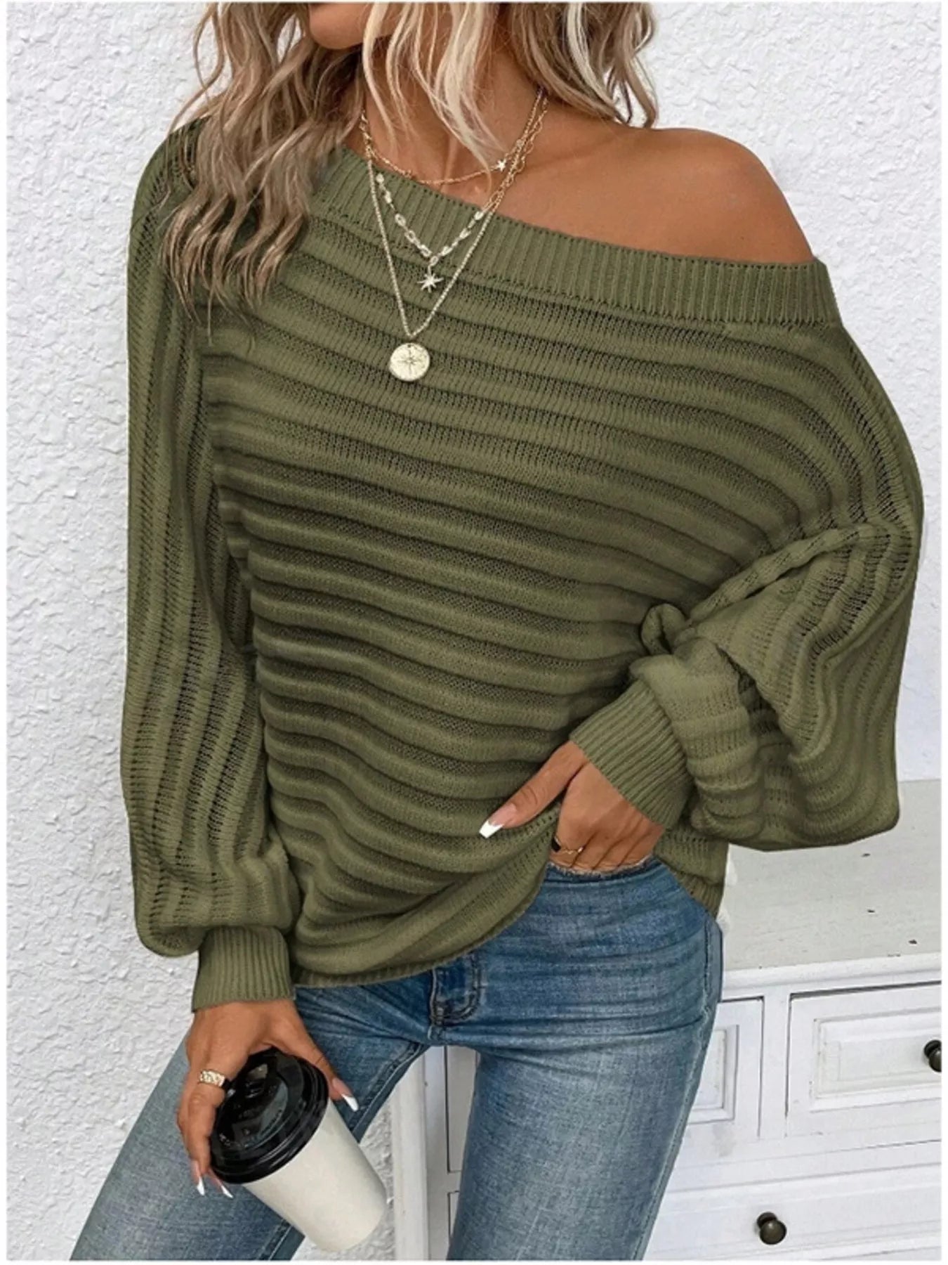 Voshi - Stylish one shoulder ribbed knit sweater