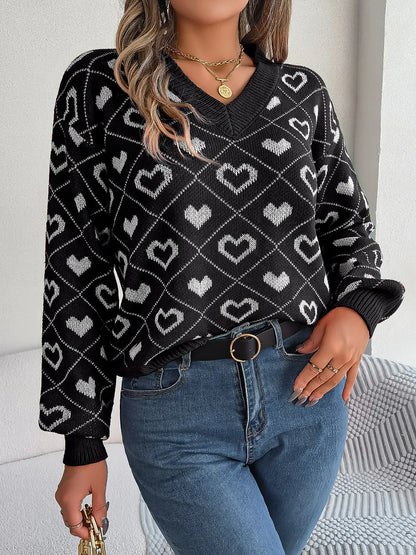 Brianne - Chic heart pattern V-neck long sleeve sweater