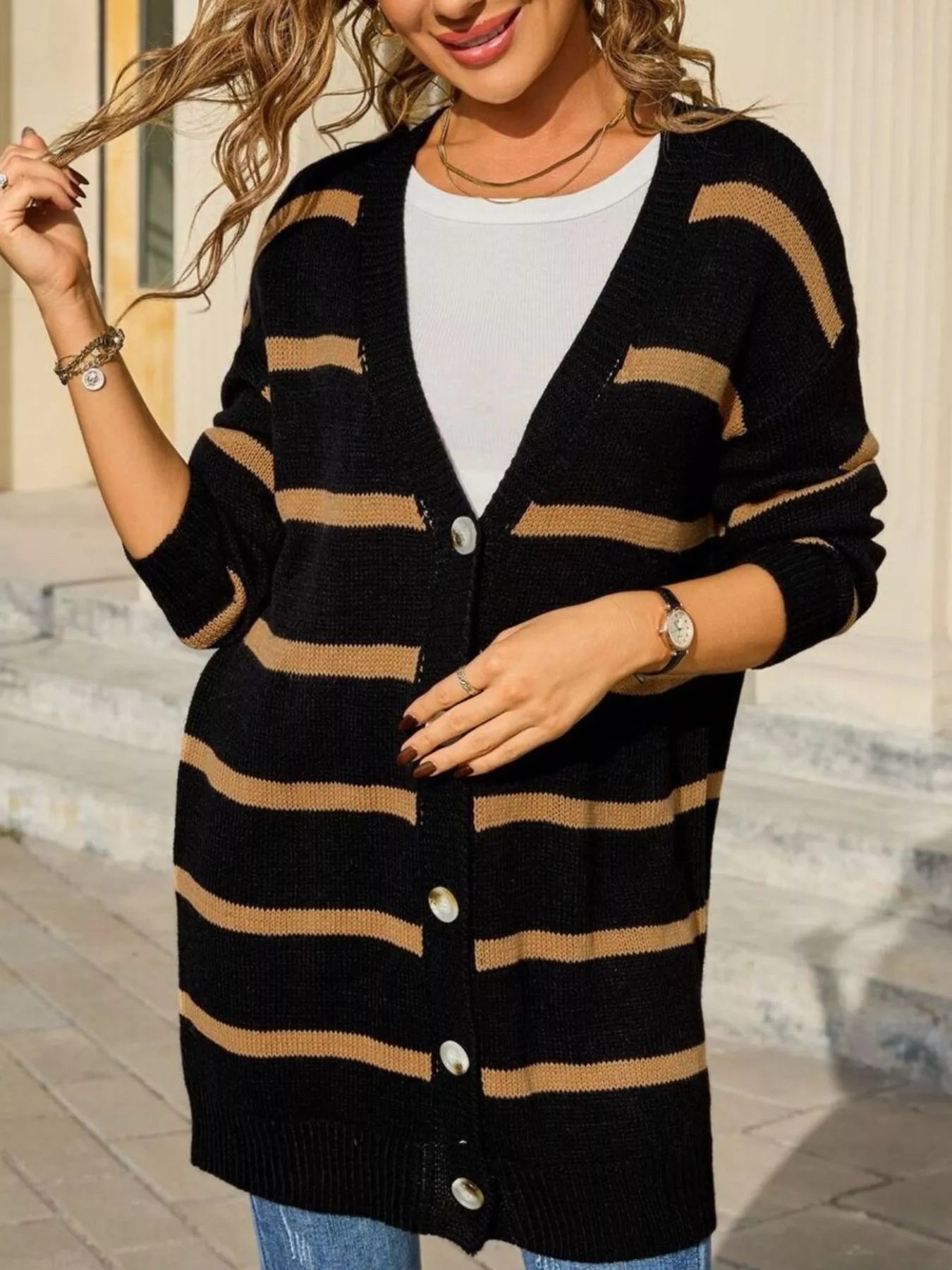 Oriana - Stylish striped long buttong down cardigan