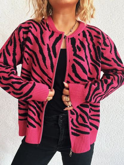 Beatrice - Cozy zebra print zip-up warm cardigan