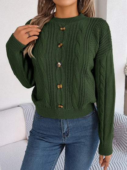 Abriella - Chic cable-knit buttoned round neck sweater