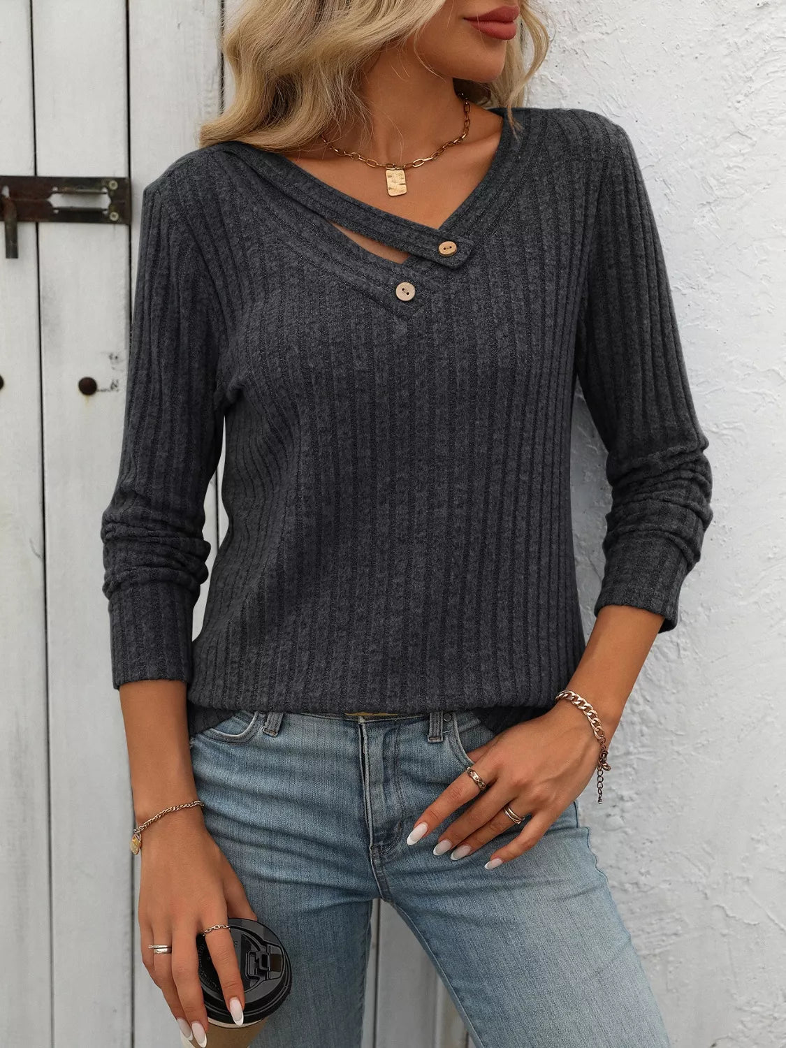 Itzel - Chic ribbed knit long sleeve sweatshirt