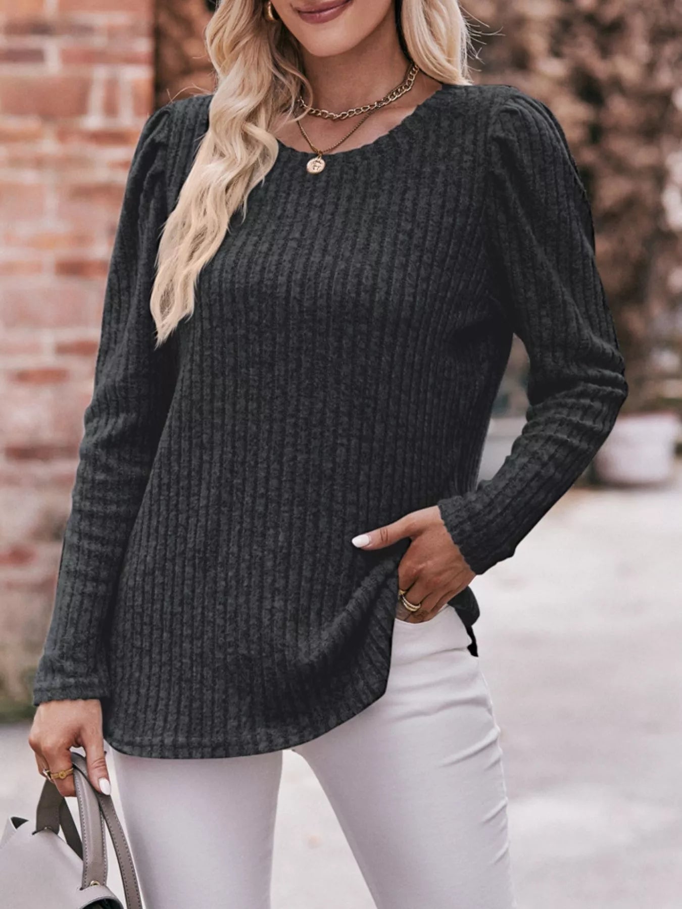 Levona - Chic ribbed knit puff sleeve sweatshirt