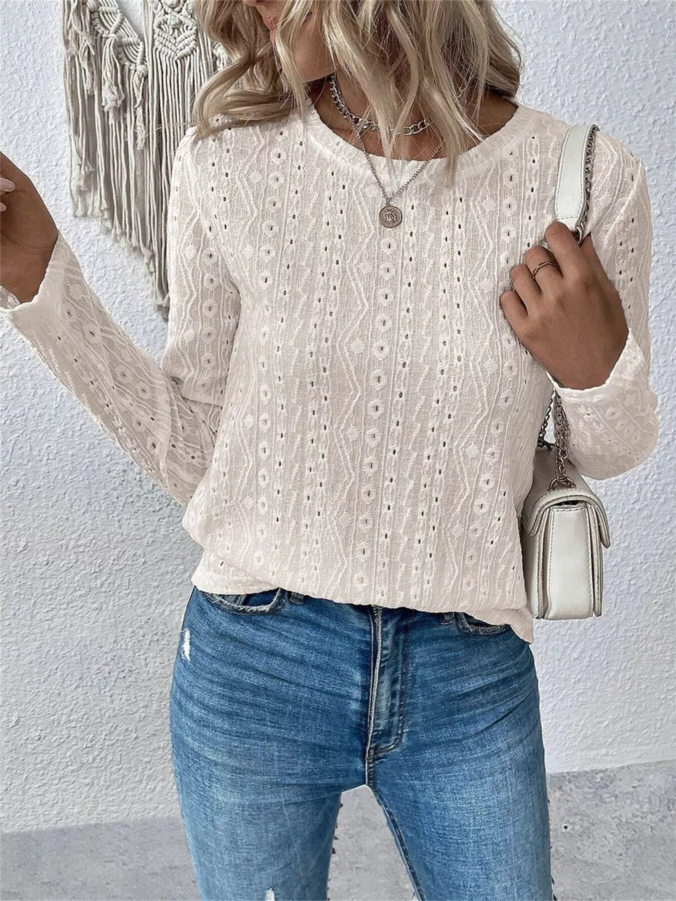 Kaity - Elegant Long-Sleeve Blouse with Round Neck and Eyelet Details