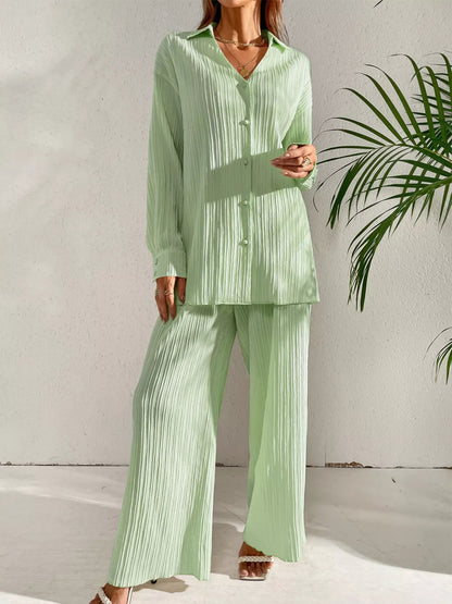 Jimmena - Cozy long sleeve textured shirt and wide leg pants set