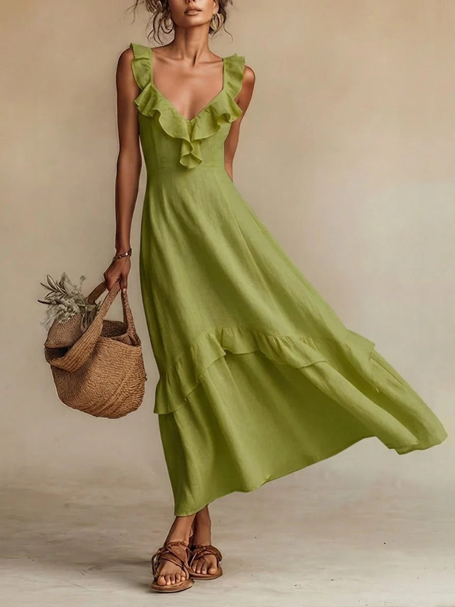 Monnica - Elegant ruffled front V-neck flowy dress