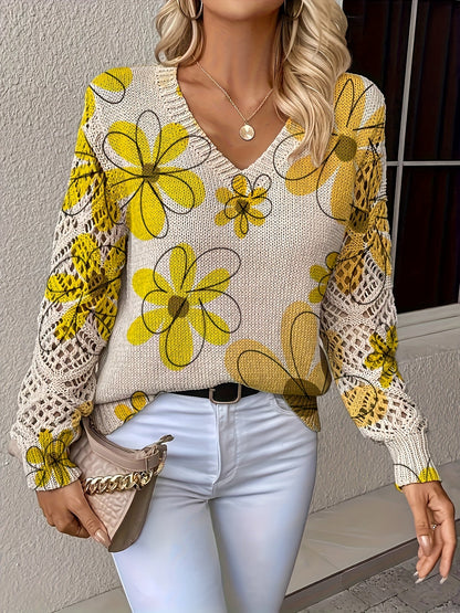 Kacey - Elegant floral v-neck knitted sweater