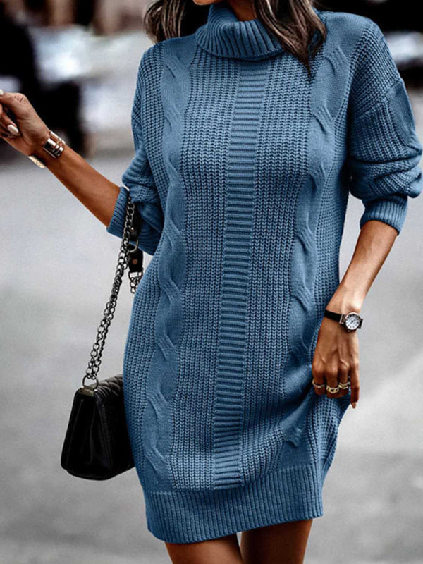 Riana - Elegant mid-length turtleneck long sleeve sweater dress