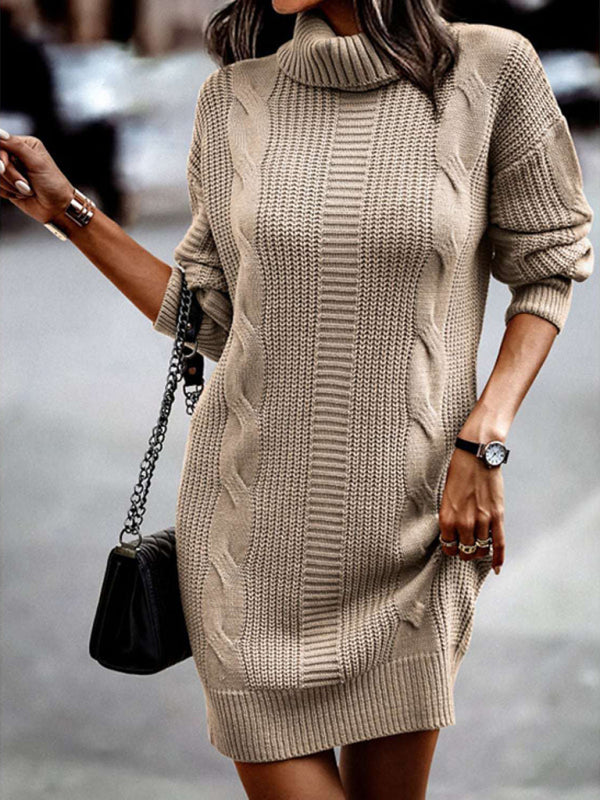 Riana - Elegant mid-length turtleneck long sleeve sweater dress