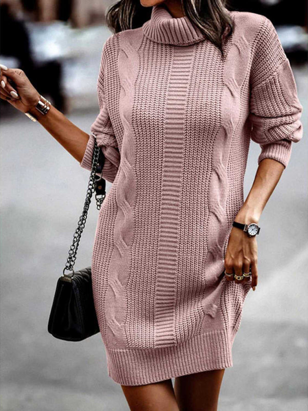 Riana - Elegant mid-length turtleneck long sleeve sweater dress
