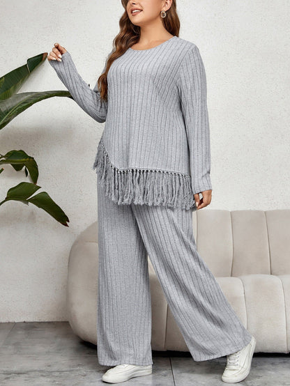 Quinny - Loose Ribbed Knit Jumper Set with Fringe Hem and Trousers