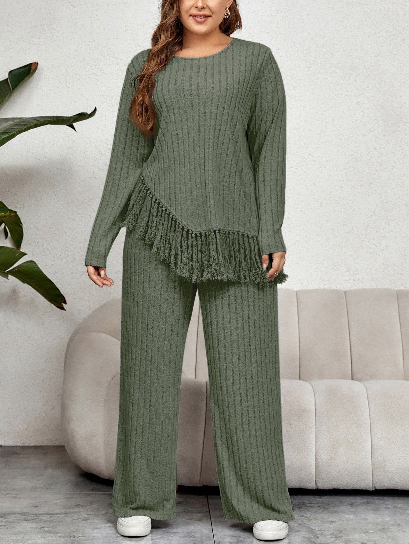 Quinny - Loose Ribbed Knit Jumper Set with Fringe Hem and Trousers