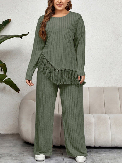 Quinny - Loose Ribbed Knit Jumper Set with Fringe Hem and Trousers