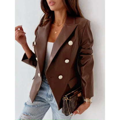Karlene - Elegant faux leather double-breasted blazer