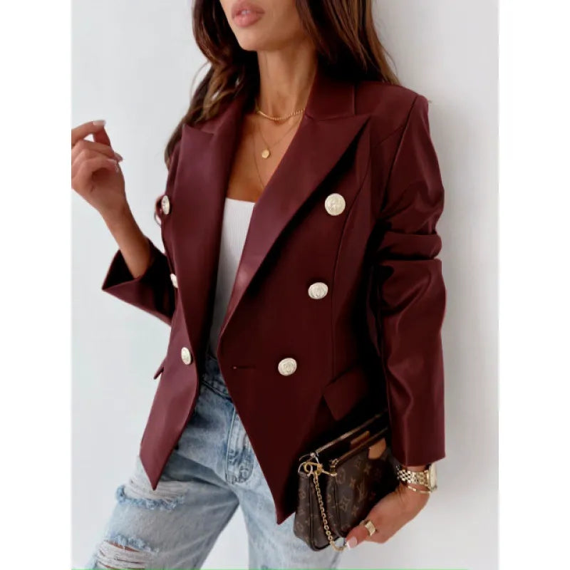 Karlene - Elegant faux leather double-breasted blazer