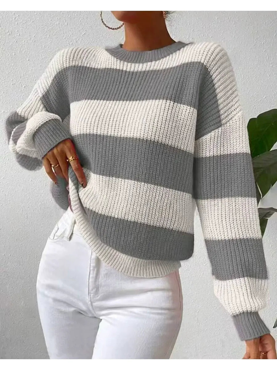 Rosaria - Stylish ribbed loose-fitting balloon sleeves striped sweater