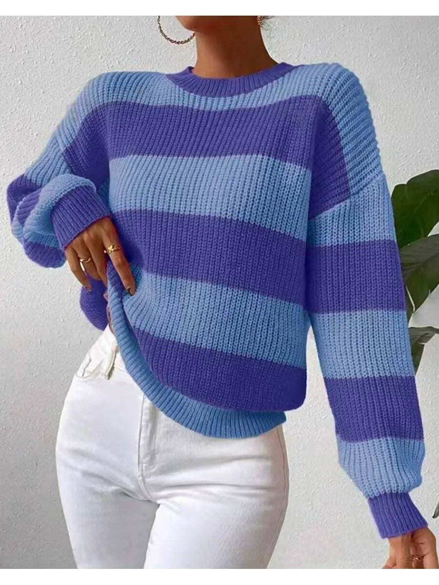 Rosaria - Stylish ribbed loose-fitting balloon sleeves striped sweater