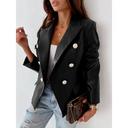 Karlene - Elegant faux leather double-breasted blazer