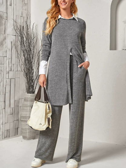 Olianna - Casual Set with Long Soft Knit Sweater and Trousers