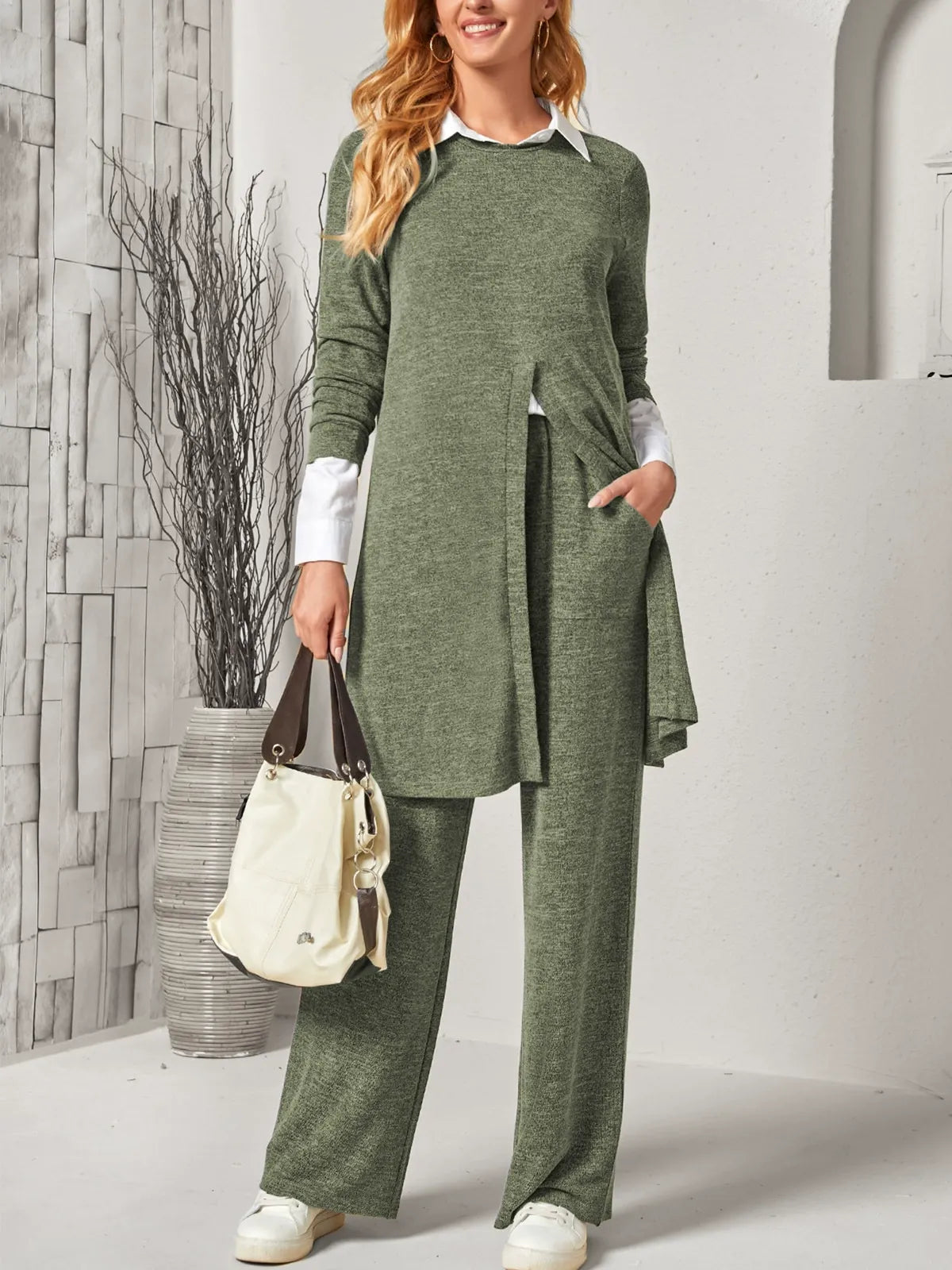 Olianna - Casual Set with Long Soft Knit Sweater and Trousers