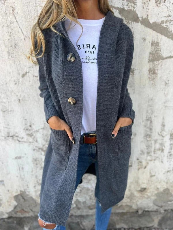 Sahana - Elegant Long Casual Knitted Hooded Cardigan with Buttons
