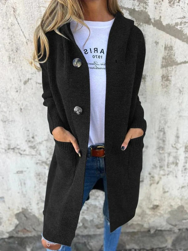 Sahana - Elegant Long Casual Knitted Hooded Cardigan with Buttons